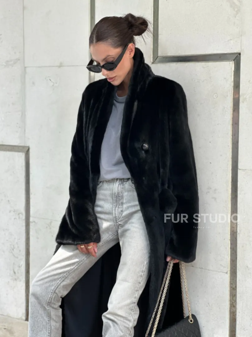 Черная шуба пальто из меха норки Saga furs