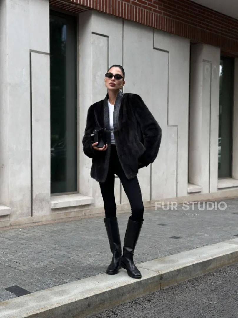 Жакет - шуба из меха норки с отделкой из кожи - графит