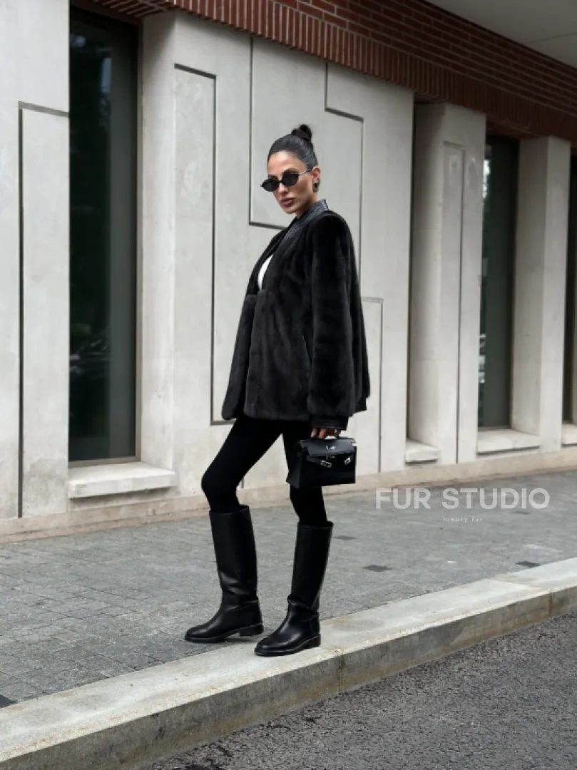 Жакет - шуба из меха норки с отделкой из кожи - графит