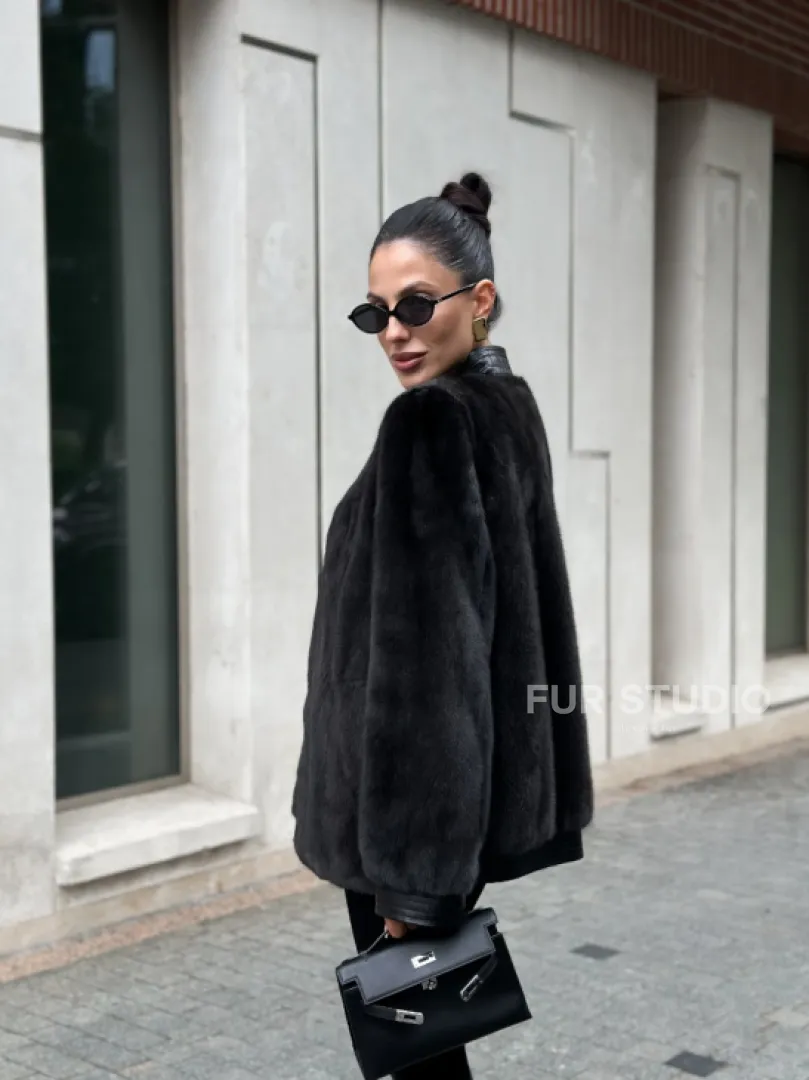 Жакет - шуба из меха норки с отделкой из кожи - графит