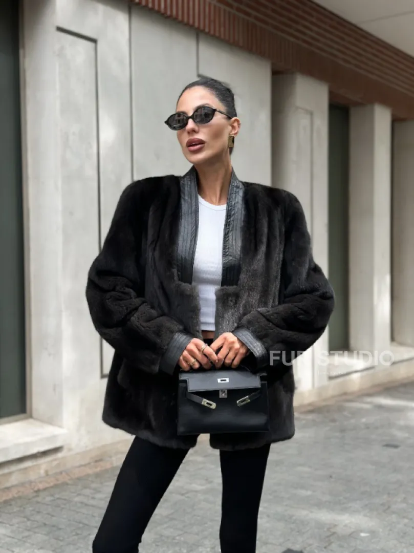 Жакет - шуба из меха норки с отделкой из кожи - графит