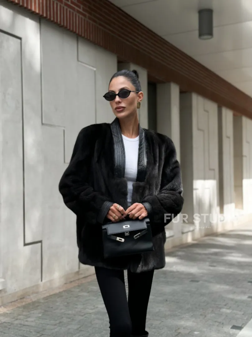 Жакет - шуба из меха норки с отделкой из кожи - графит