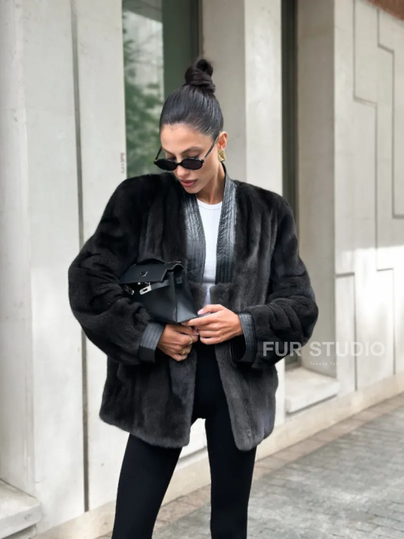 Жакет - шуба из меха норки с отделкой из кожи - графит