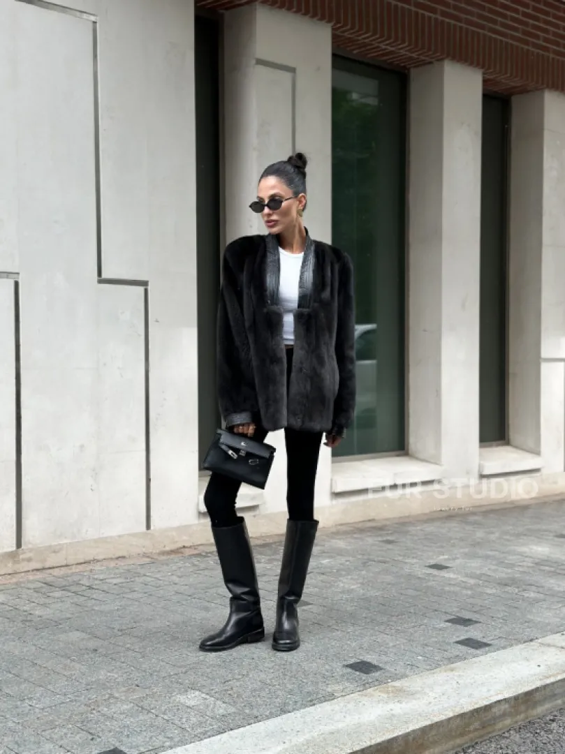 Жакет - шуба из меха норки с отделкой из кожи - графит