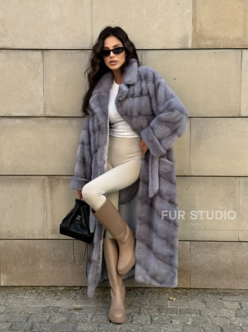 Голубая шуба New Fashion из меха аукционной норки, английский воротник