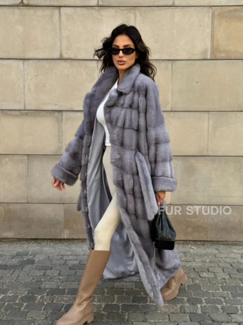 Голубая шуба New Fashion из меха аукционной норки, английский воротник
