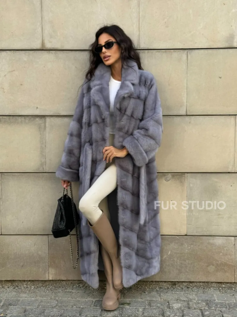 Голубая шуба New Fashion из меха аукционной норки, английский воротник