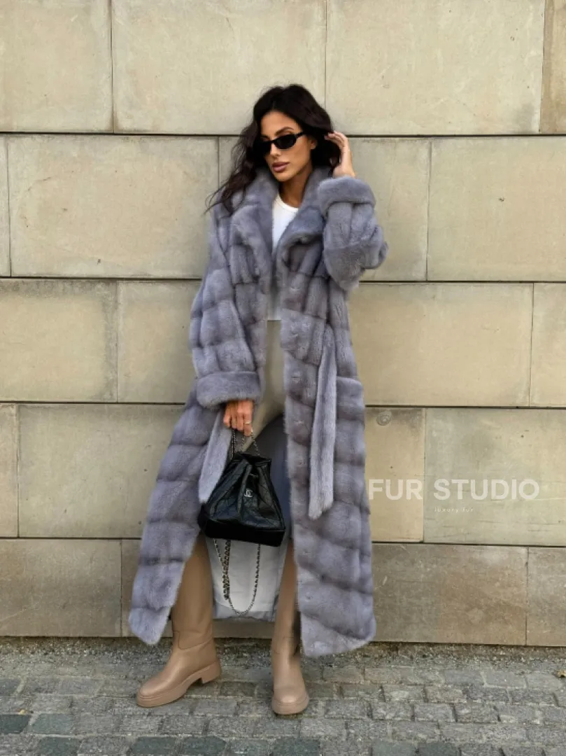 Голубая шуба New Fashion из меха аукционной норки, английский воротник