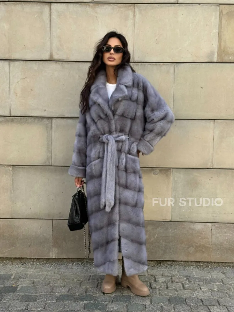Голубая шуба New Fashion из меха аукционной норки, английский воротник