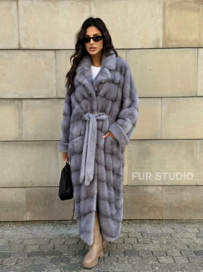 Голубая шуба New Fashion из меха аукционной норки, английский воротник