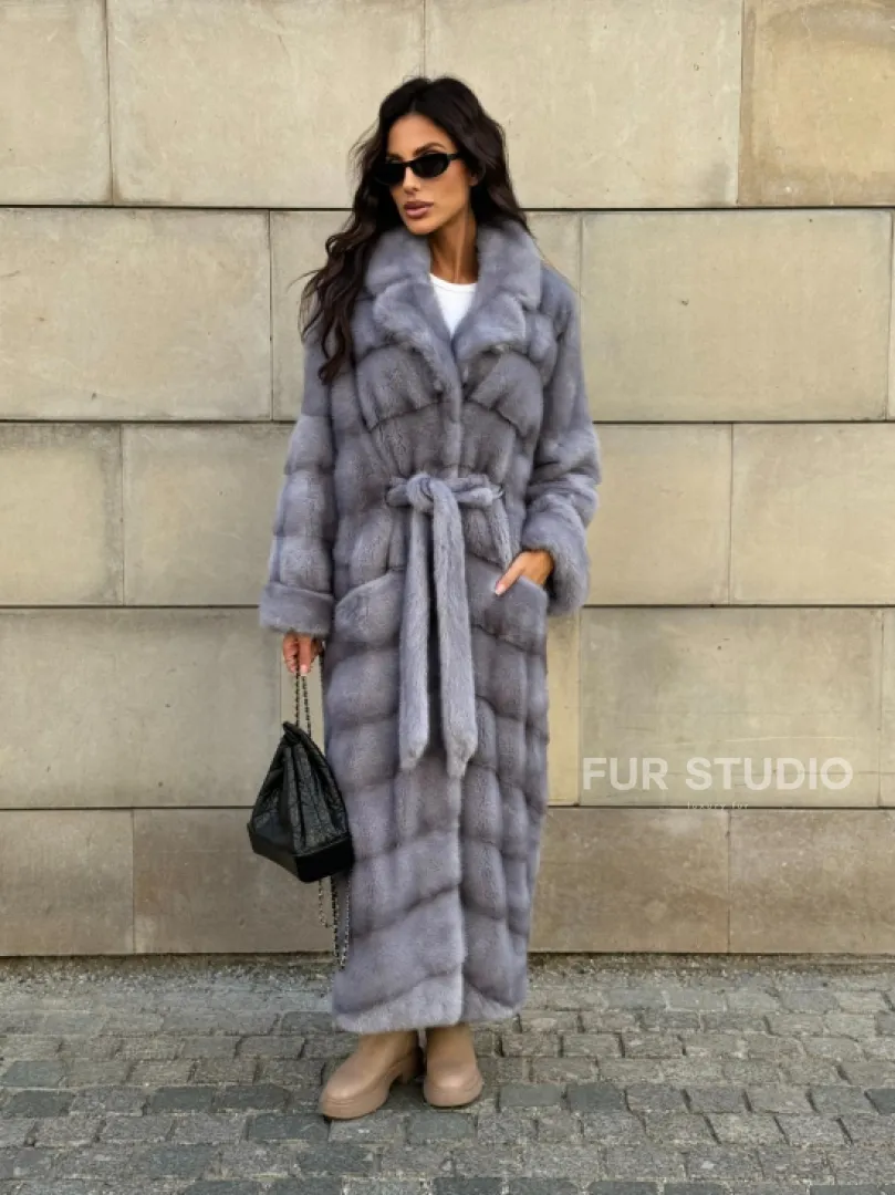Голубая шуба New Fashion из меха аукционной норки, английский воротник