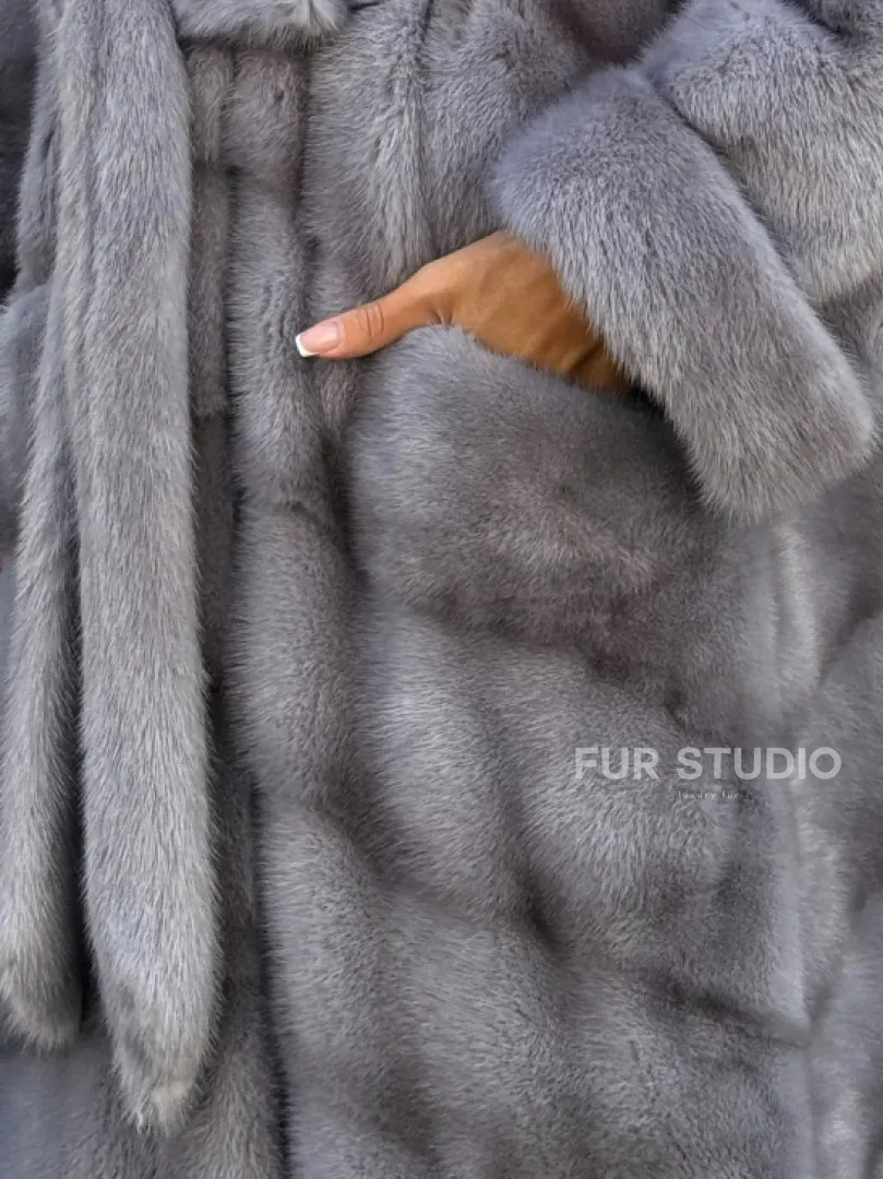 Голубая шуба New Fashion из меха аукционной норки, английский воротник