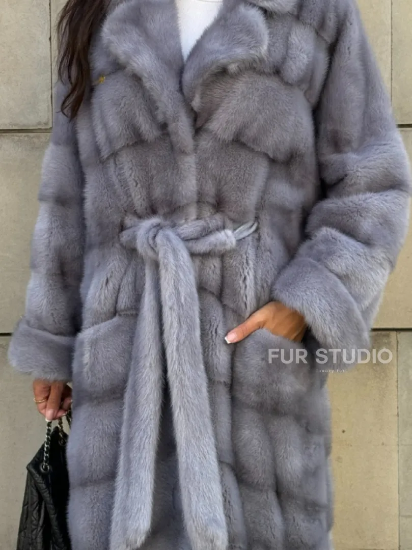 Голубая шуба New Fashion из меха аукционной норки, английский воротник