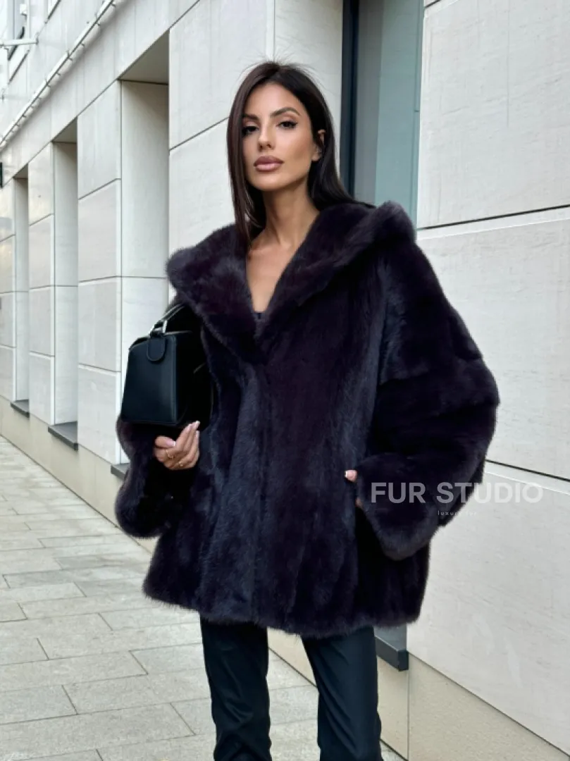 Меховое полупальто из аукционной норки с капюшоном Dark violet