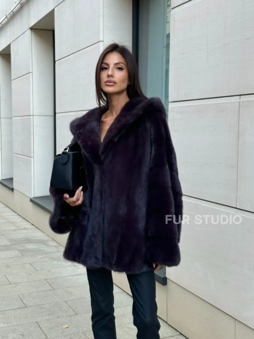 Меховое полупальто из аукционной норки с капюшоном Dark violet