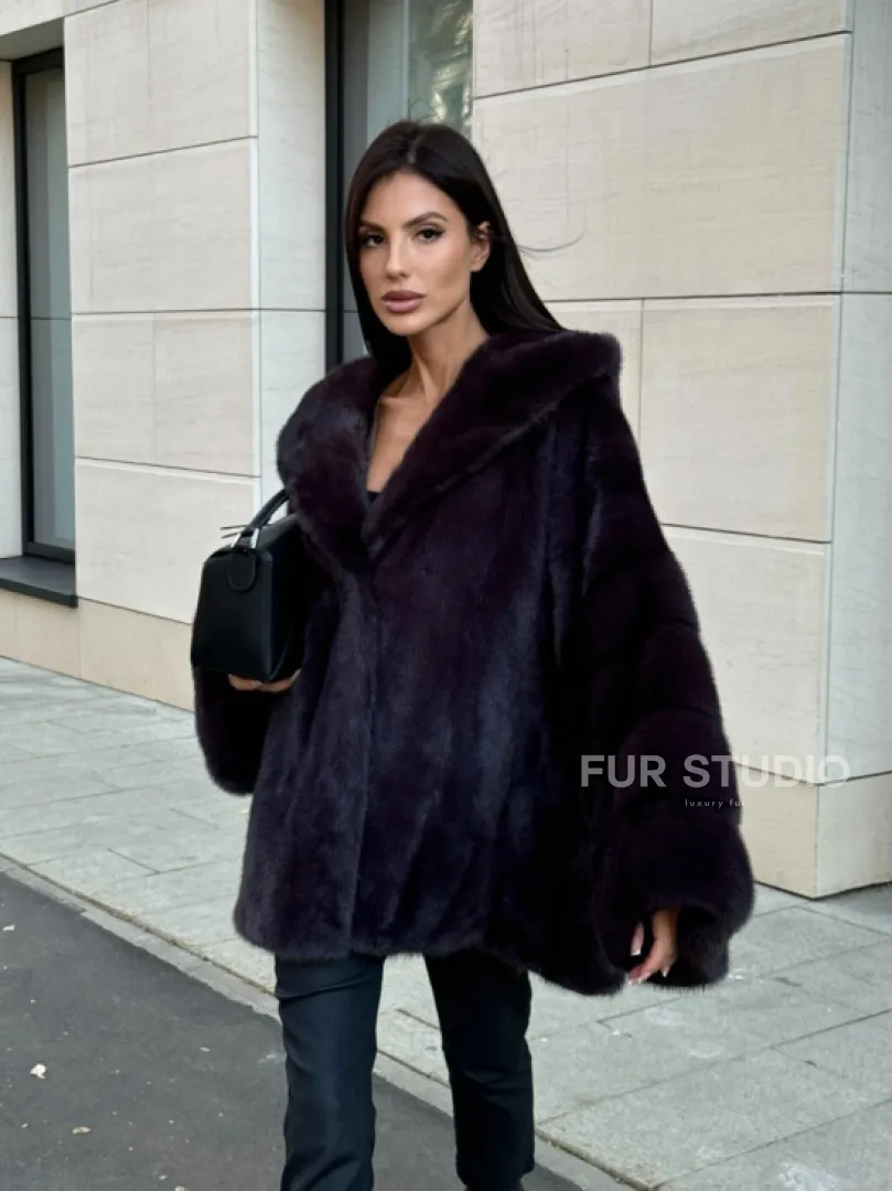 Меховое полупальто из аукционной норки с капюшоном Dark violet