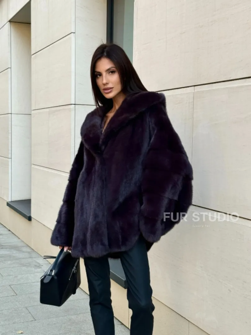 Меховое полупальто из аукционной норки с капюшоном Dark violet