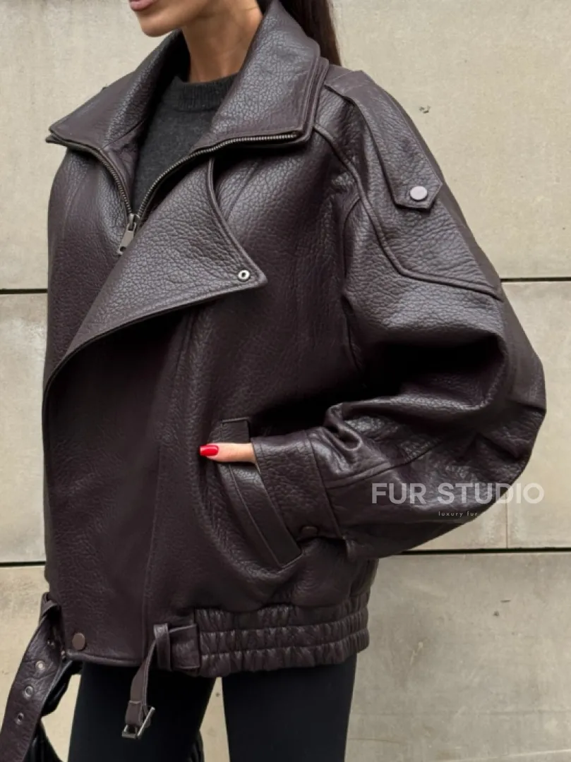 Стильная женская куртка из натуральной зернистой кожи COLLECTION DARK BURGUNDY
