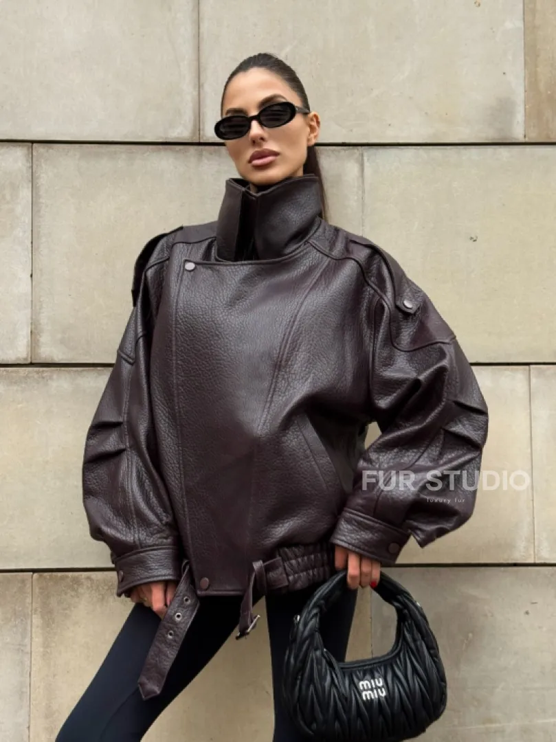 Стильная женская куртка из натуральной зернистой кожи COLLECTION DARK BURGUNDY