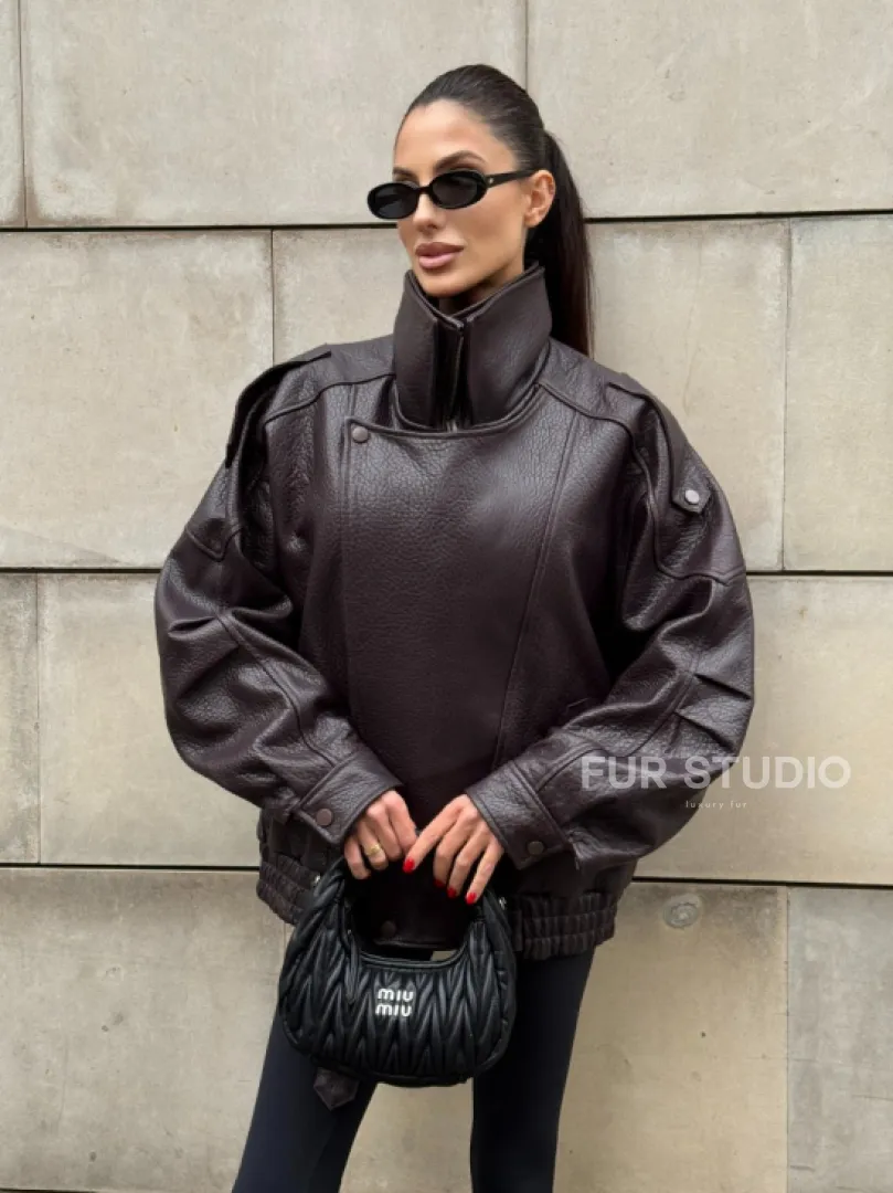 Стильная женская куртка из натуральной зернистой кожи COLLECTION DARK BURGUNDY