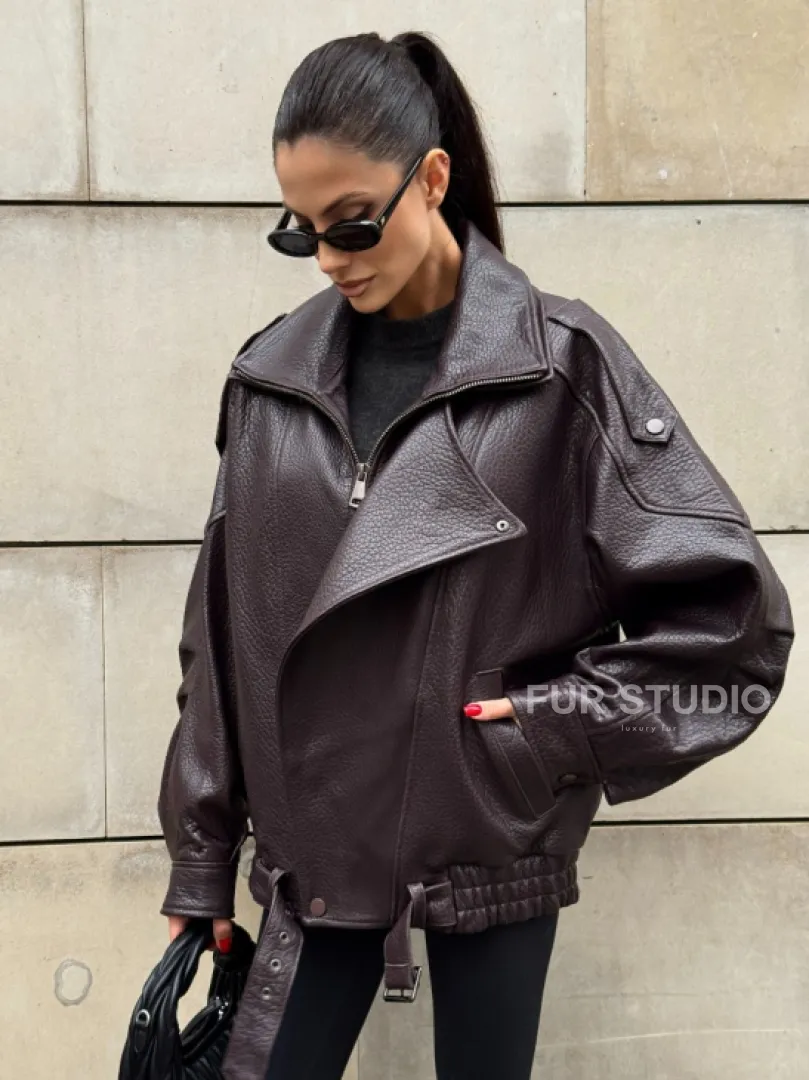 Стильная женская куртка из натуральной зернистой кожи COLLECTION DARK BURGUNDY