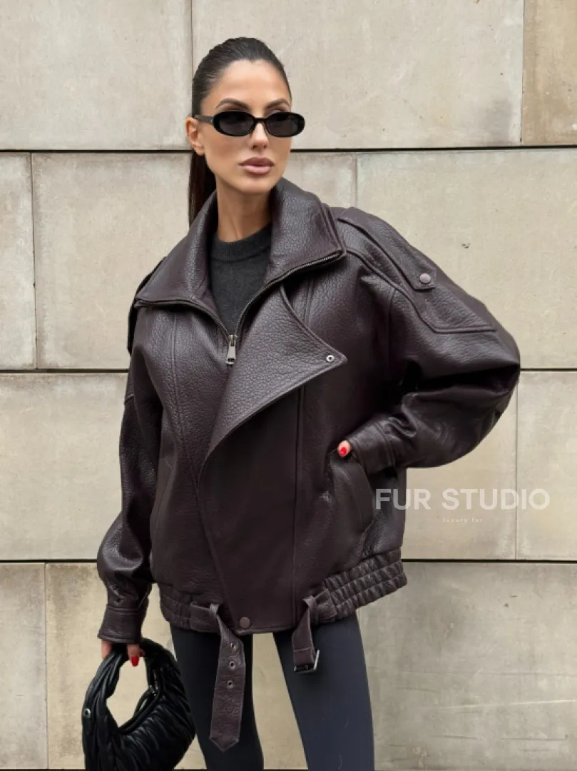 Стильная женская куртка из натуральной зернистой кожи COLLECTION DARK BURGUNDY