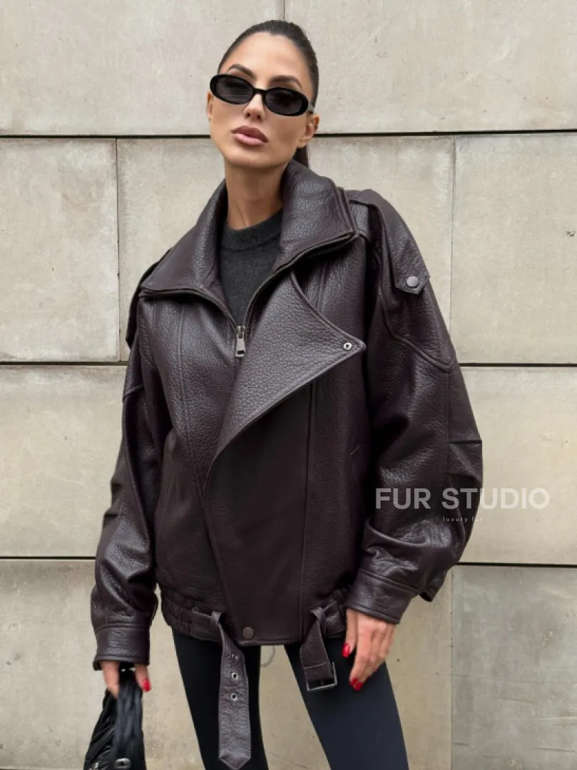 Стильная женская куртка из натуральной зернистой кожи COLLECTION DARK BURGUNDY