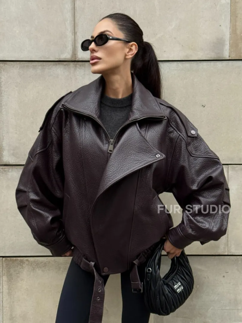 Стильная женская куртка из натуральной зернистой кожи COLLECTION DARK BURGUNDY