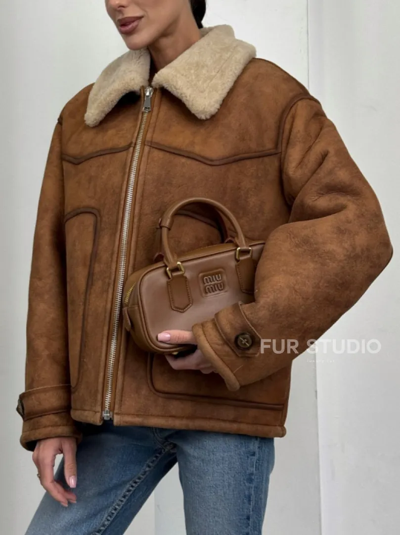 Зимняя короткая кожаная куртка из мериноса в стиле “Vintage”