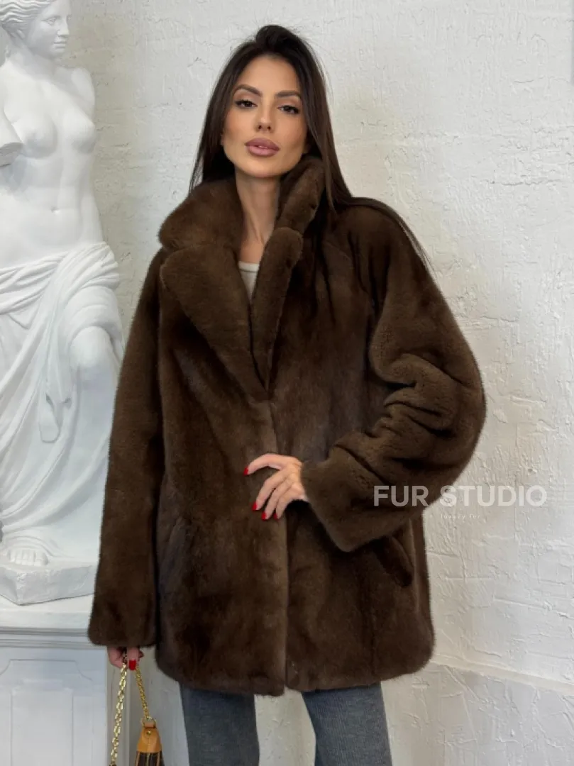 Женский жакет - полушубок Oversize из плюшевой норки Velvet английский воротник