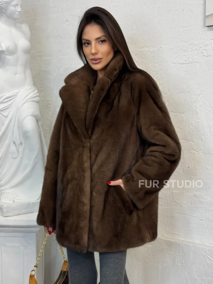 Женский жакет - полушубок Oversize из плюшевой норки Velvet английский воротник
