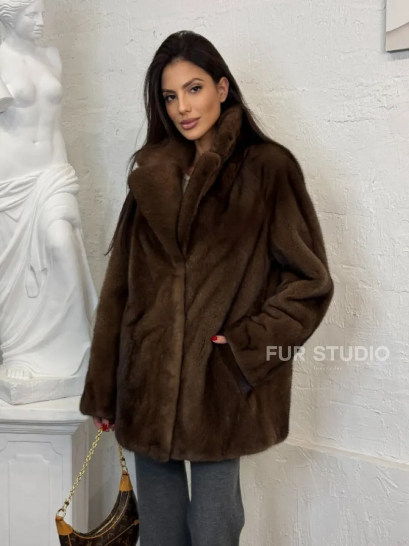 Женский жакет - полушубок Oversize из плюшевой норки Velvet английский воротник