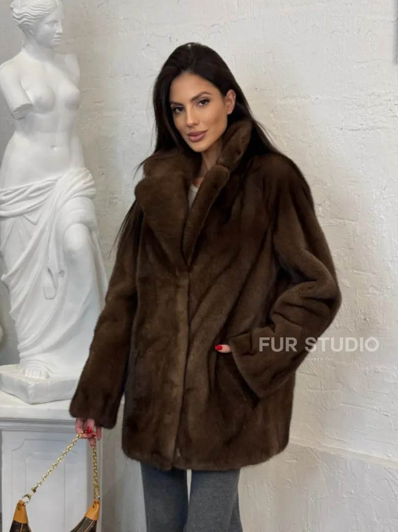 Женский жакет - полушубок Oversize из плюшевой норки Velvet английский воротник