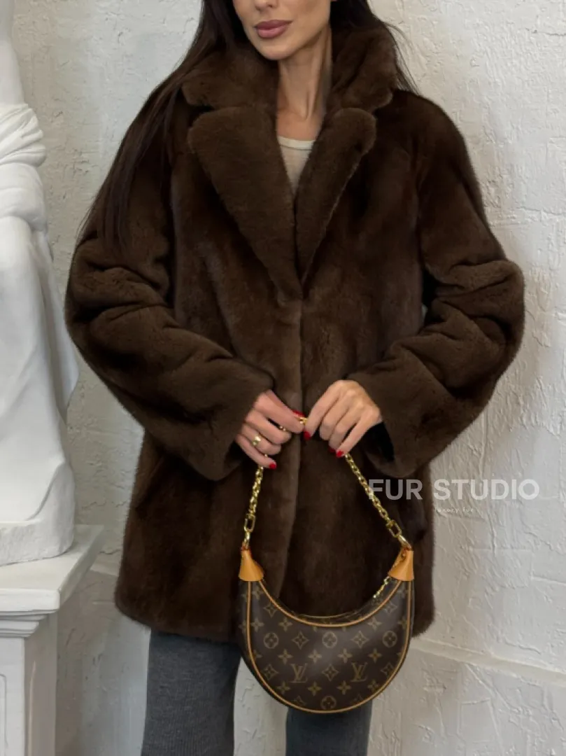 Женский жакет - полушубок Oversize из плюшевой норки Velvet английский воротник