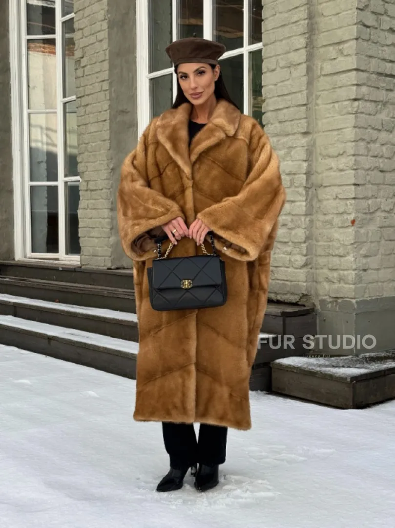 Женское меховое пальто оверсайз, стиль - Бохо из скандинавской норки GOLD