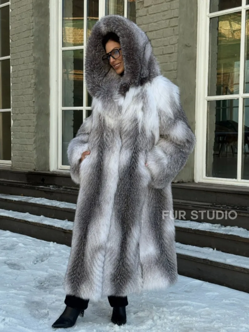 Длинная шуба из меха Arctic Fox с капюшоном, росшив - серая