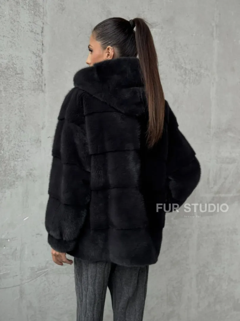 Норковый полушубок - куртка из меха норки с капюшоном графит