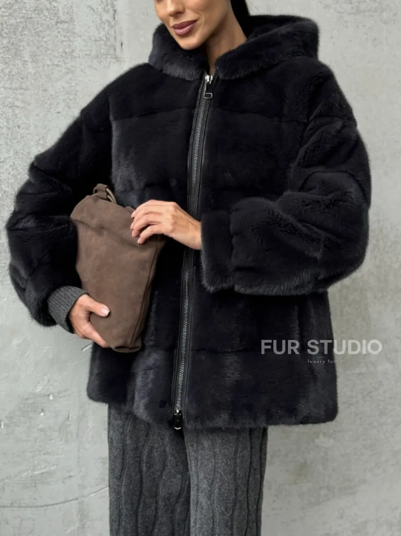 Норковый полушубок - куртка из меха норки с капюшоном графит