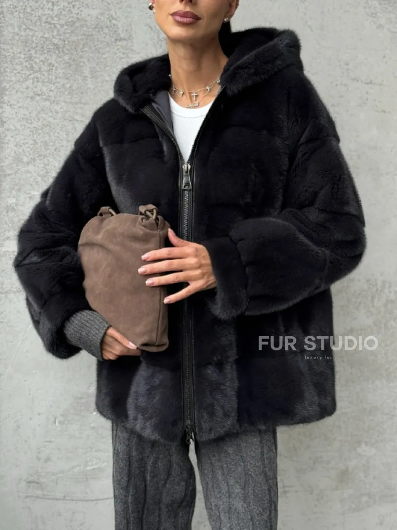 Норковый полушубок - куртка из меха норки с капюшоном графит