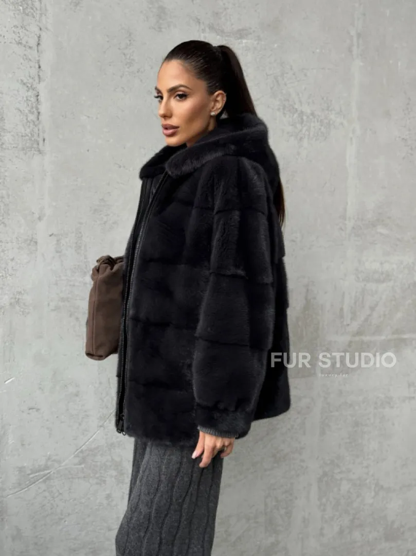 Норковый полушубок - куртка из меха норки с капюшоном графит