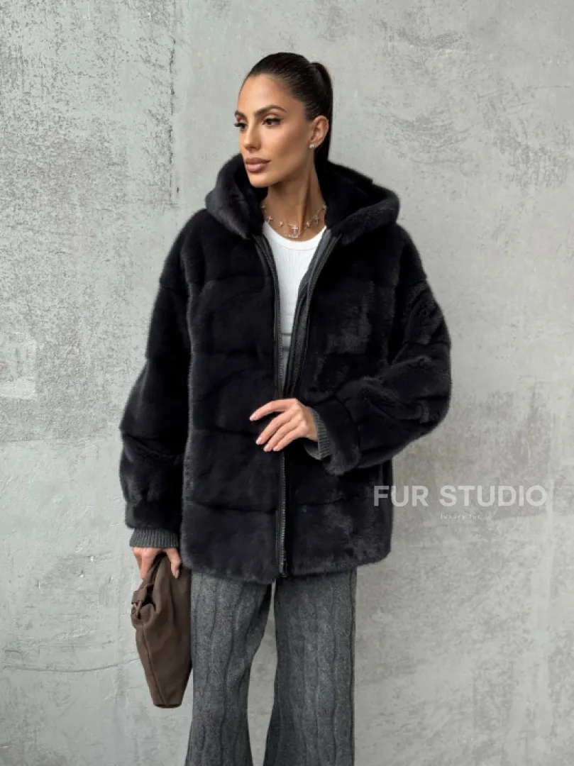 Норковый полушубок - куртка из меха норки с капюшоном графит