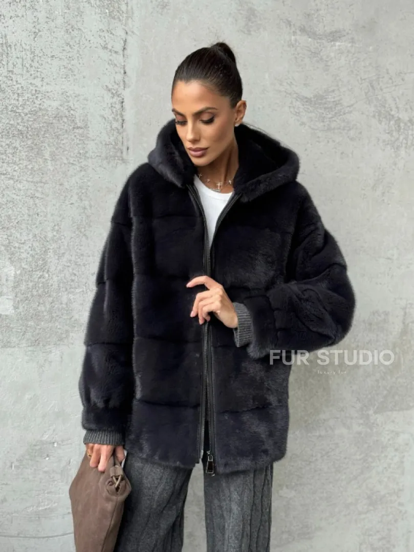 Норковый полушубок - куртка из меха норки с капюшоном графит
