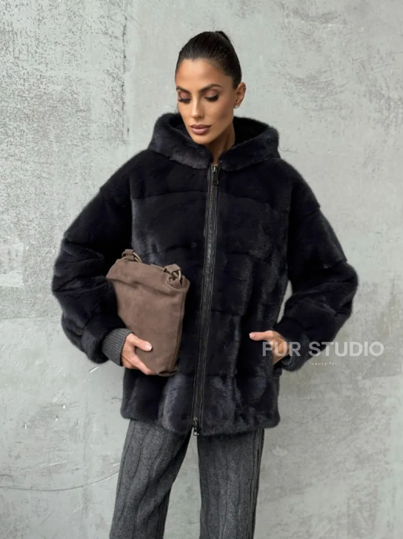 Норковый полушубок - куртка из меха норки с капюшоном графит