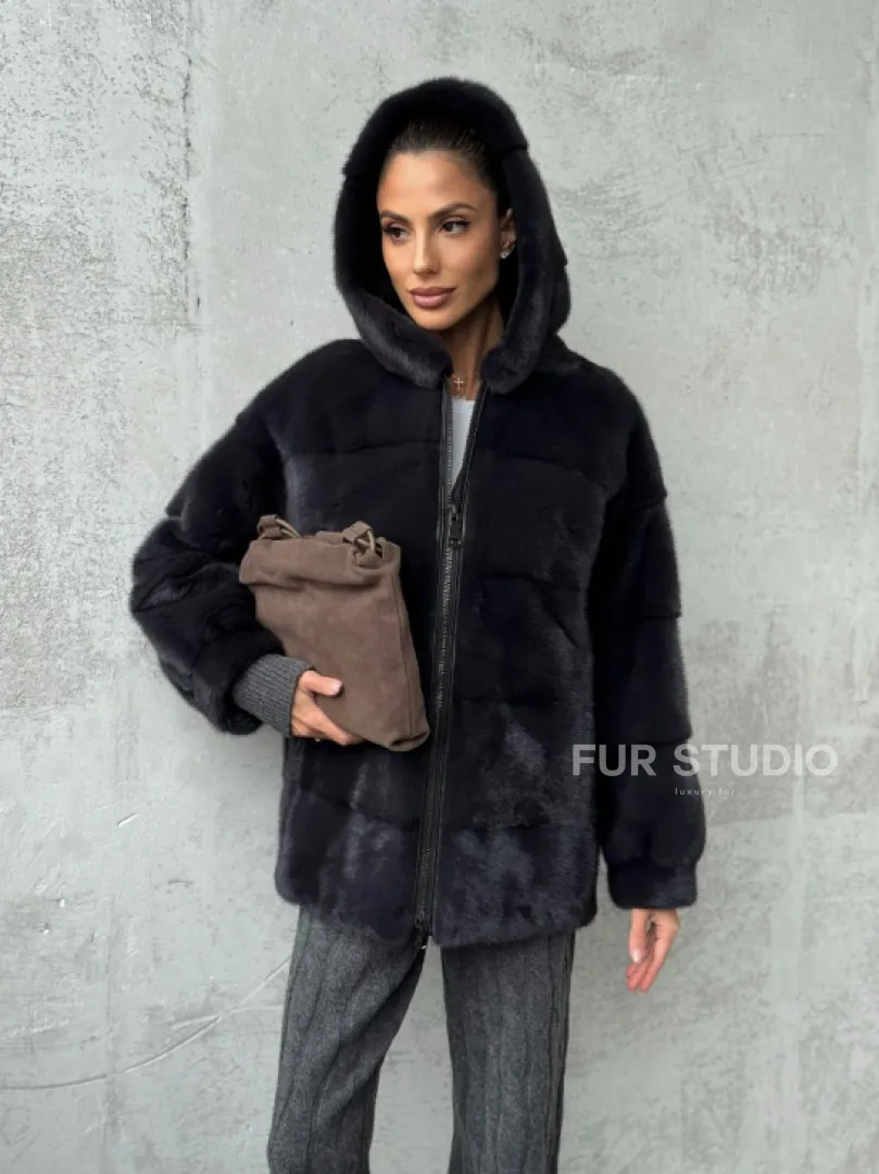 Норковый полушубок - куртка из меха норки с капюшоном графит