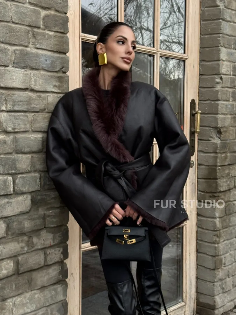 Двухсторонняя женская дубленка из итальянской тосканы Burgundy