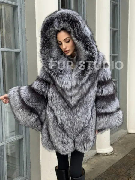 Шуба - пончо из чернобурки с капюшоном - фото 6