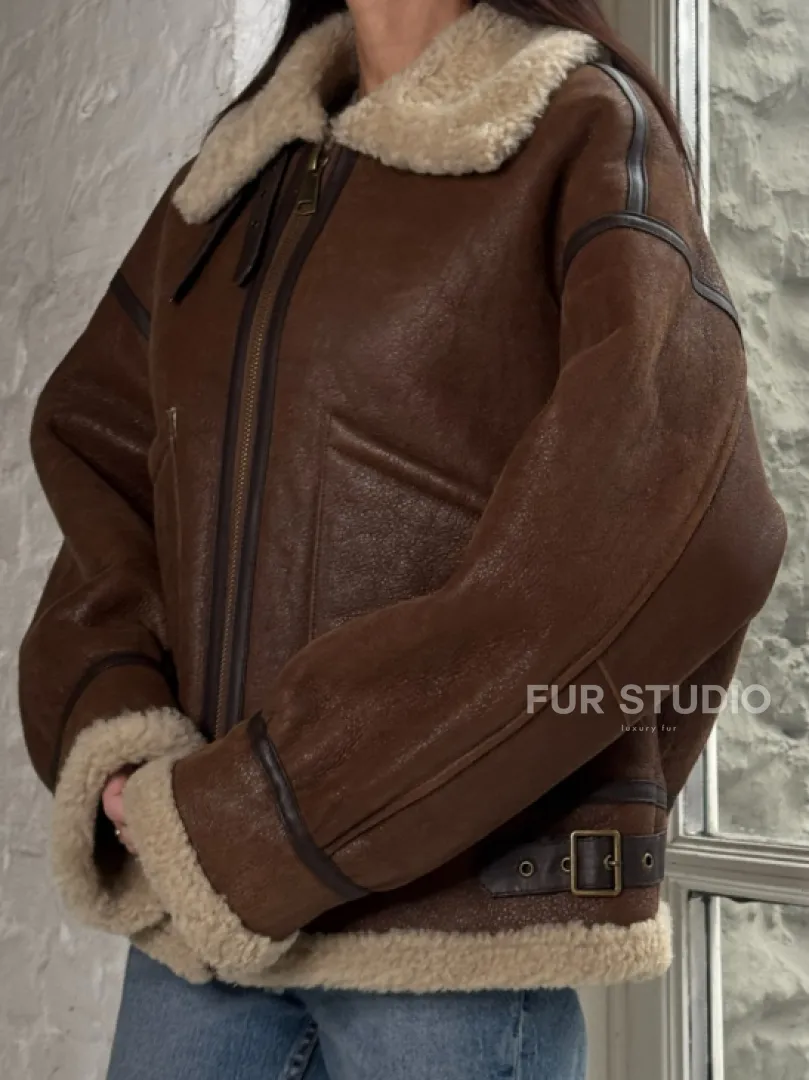 Женская короткая дубленка Brown vintage из натуральной овчины кёрли