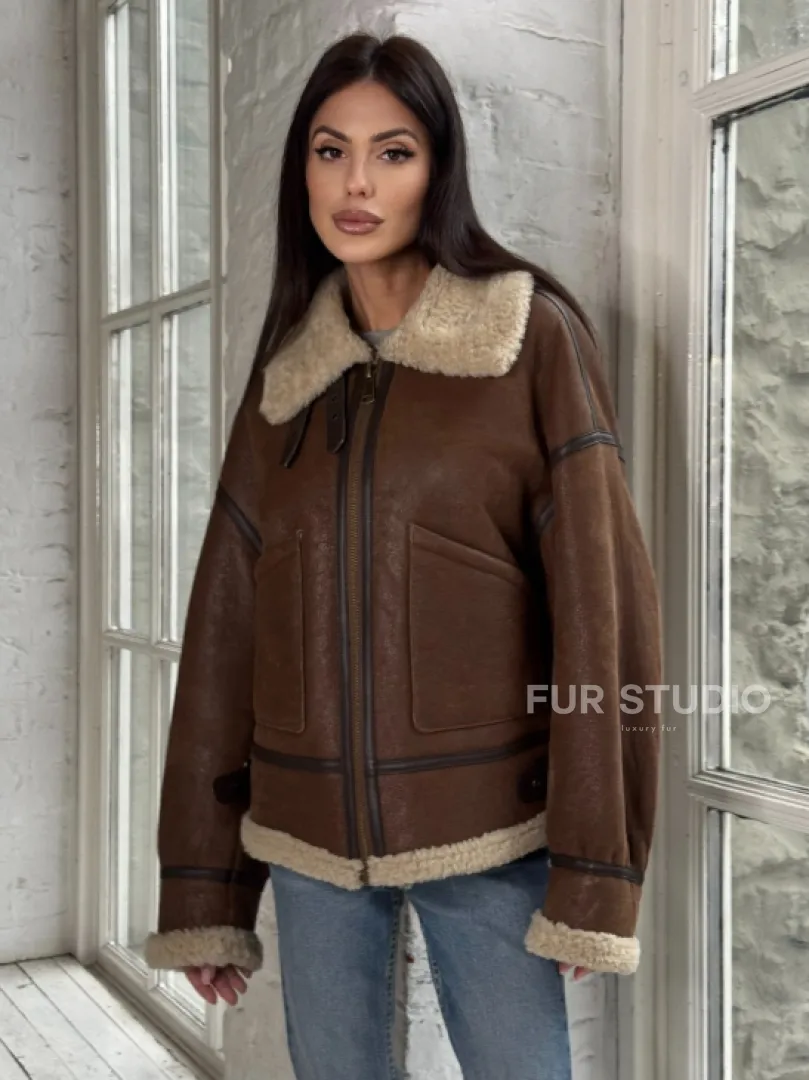 Женская короткая дубленка Brown vintage из натуральной овчины кёрли