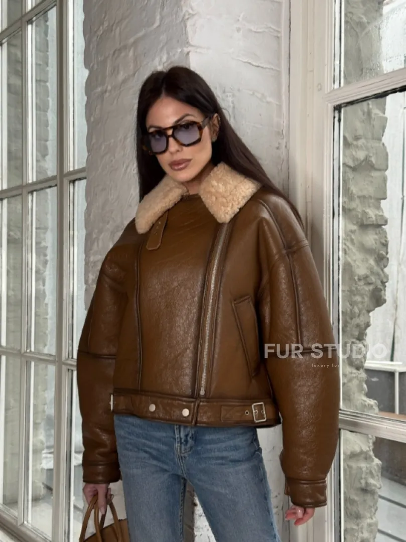 Дубленка женская «Oversize style» со спущенным плечом - цвет виски