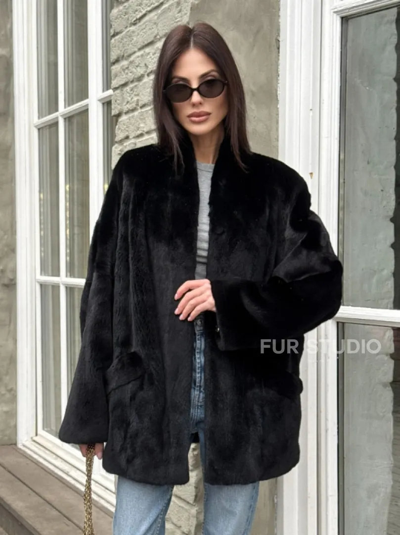 Жакет - шуба из норки BLACKGLAMA с V-образным воротником, косыми карманами